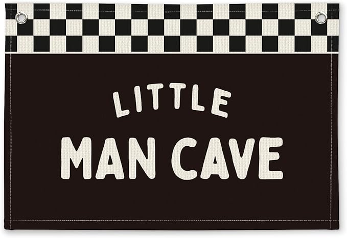 Little Man Cave Black and White Checkered Boys Room Decor - Linen Banner Wall Hanging Canvas Banner Flag Decor for Nursery Toddler Boys Bedroom Playroom