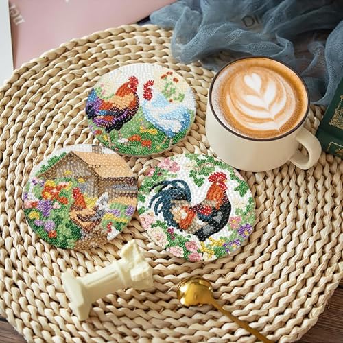 askkqtx 8 Pcs Chicken Diamond Art Coasters Kits with Holder 4X4 Inch - Image 2