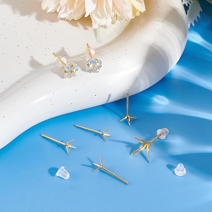 UNICRAFTALE 10Pcs 925 Sterling Silver Prong Earring Settings 5 Sizes Golden Stud Earring Findings Metal Claw Earrings Posts Beads Rhinestone Component Prong Earrings Blanks for Jewelry Making