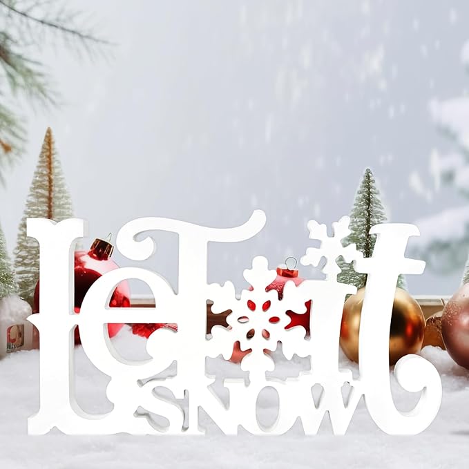 Let It Snow Decorations, Snow Wooden Christmas Table Centerpiece Sign, Tiered Tray Decor for Xmas Winter Holiday Home Decor (White)