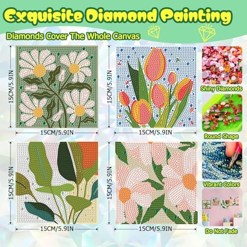 ICYANART 4 Pack Flowers Diamond Art Painting Kits for Kids Simple 6x6Inch - Image 3
