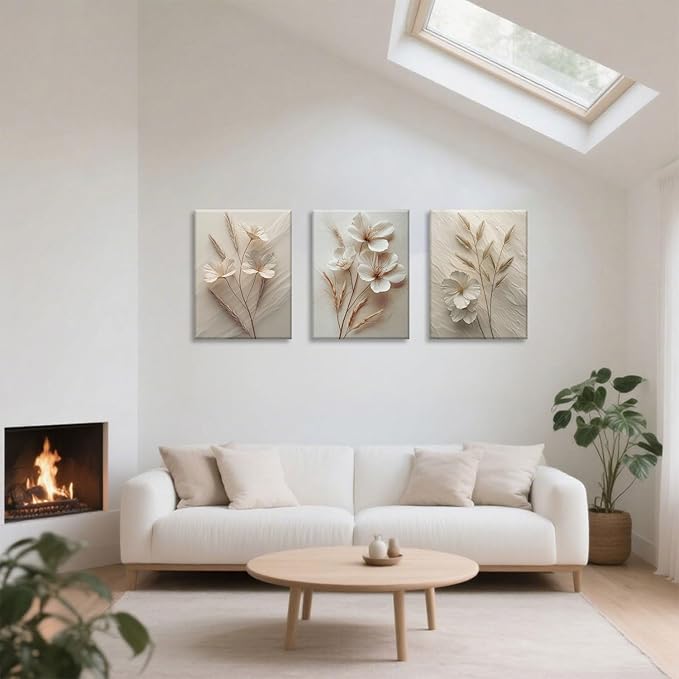 TUEASKY 3 Piece Canvas Wall Art Beige Wall Decor Floral Pictures Flower Art Prints Neutral Botanical Paintings Minimalist Artwork For Bedroom Living Room Office