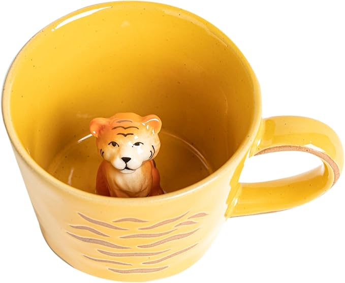 DIHOclub Tiger Cup Ceramic 3D Wild Animal Inside Mug,Cute Cartoon Handmade Figurine Mugs,Holiday and Birthday Gift for Coffee Milk Tea Lovers,12 OZ(Brown Tiger)