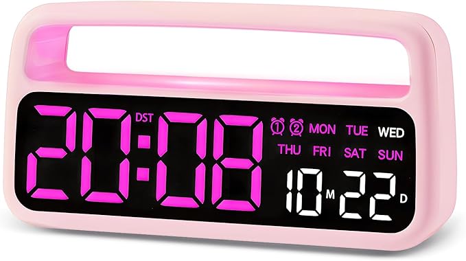 Digital Alarm Clock for Bedroom, Plug-in Digital Bedside Clock with Night Light, Large Display, Dual Alarm, Snooze, Dimmable for Adults Kids Teens, Pink