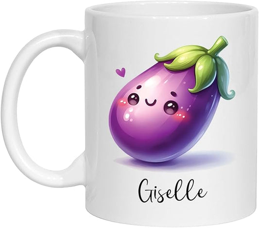 Personalized Eggplant Mug, Aubergine Ceramic Cup, Aubergine Travel Cups Gifts for Kids Friends Eggplant Lovers, Vegetable Cup, Veggie Tea Mug, Customized Aubergine Coffee Mug With Name 11oz 15oz
