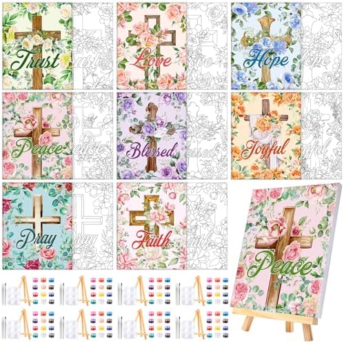 Humyoun 8 Sets 8" x 10" Inspirational Cross Pre Drawn Canvas to Paint for Sip and Paint Party Religious Predrawn Coloring Set Pre Sketched Canvas Boards with Paints and Brushes for Adult by Humyoun