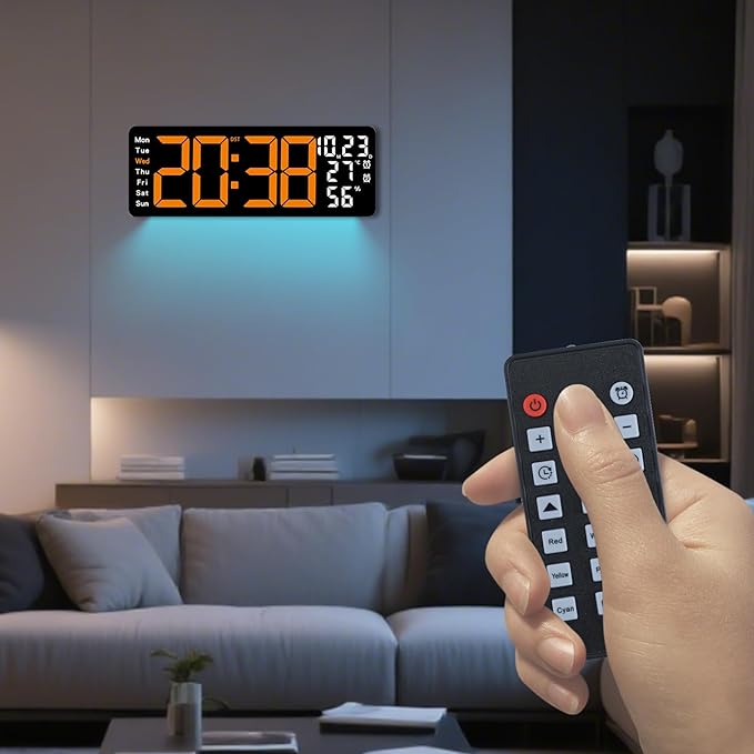 Digital Wall Clock Large Display, 17.3" Digital Clock with RGB Color Remote Control, Auto-Dimming Big Wall Clock with Night Light,Auto DST,Date Week,Temp for Home Decoration, for Elderly (Orange)