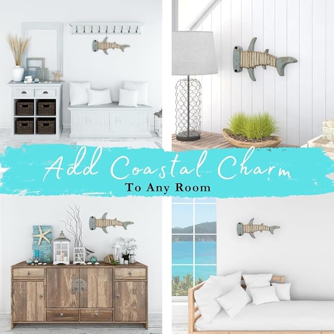 Mint Bucket Brands Driftwood Fish Nautical Wall Decor - 16" x 7.5" Handmade Wooden Rustic Coastal Wall Art for Living Room, Bedroom, Office, Bathroom - Ocean Beach Decoration (Kai)