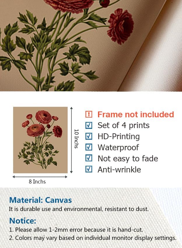 Ranunculus Flowers Prints,Vintage Floral Painting Botanical Canvas Wall Art Poster for Home Office School, Antique Botany Garden Nature Plant Flowers Artwork ,Set of 4 ( 8 x 10 in) Unframed