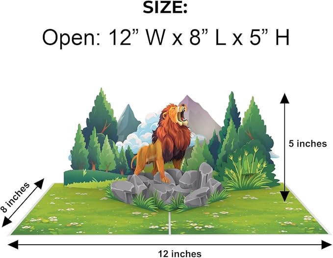 iGifts And Cards Roar-some 3D Pop-Up Lion Card – Majestic Safari Jungle Scene | Fierce Fun Wildlife Greeting for Birthdays Graduations Thank You Encouragement Animal Lovers 6x8 with Notecard