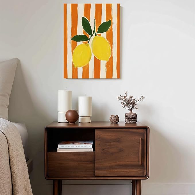 Lemon Watercolor Wall Art – Fresh Yellow Citrus Canvas Print – Orange Stripe Kitchen Decor – Modern Botanical Fruit Illustration Poster 12x16inch-Framed