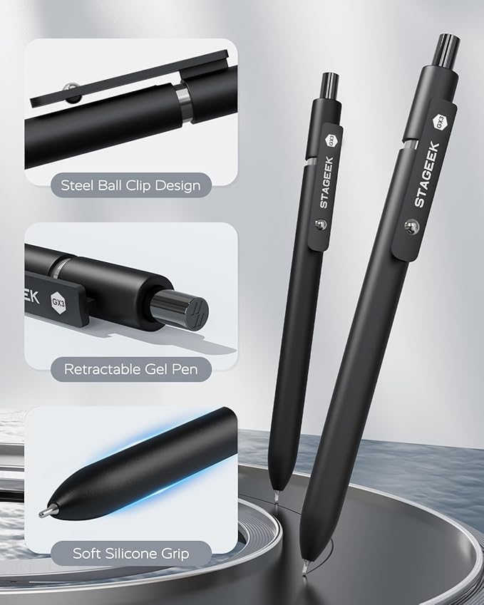 Black Gel Pens, 12Pcs Fine Point Smooth Writing Pens with 3 Extra Refills, Quick Dry Black Ink Pens for Journaling, Office, Note Taking, School Supplies, Nurse Aesthetic(Black)