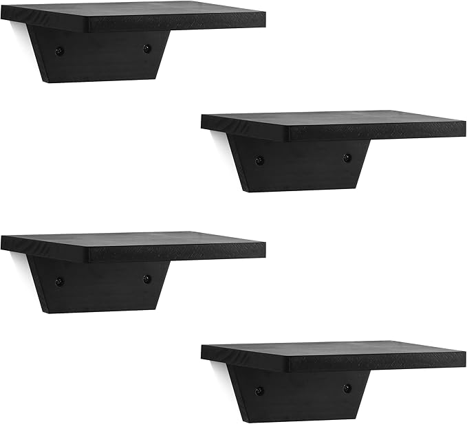 PHOENANCEE Small Floating Shelves,Speaker Shelf,Trapezoid Wall Shelf for Table Lamp Plants Display,Decorative Wood Ledges Chic for Living Room,Bedroom,Kitchen,Office,Pine,8x6 Inch,4 Pack(Black)