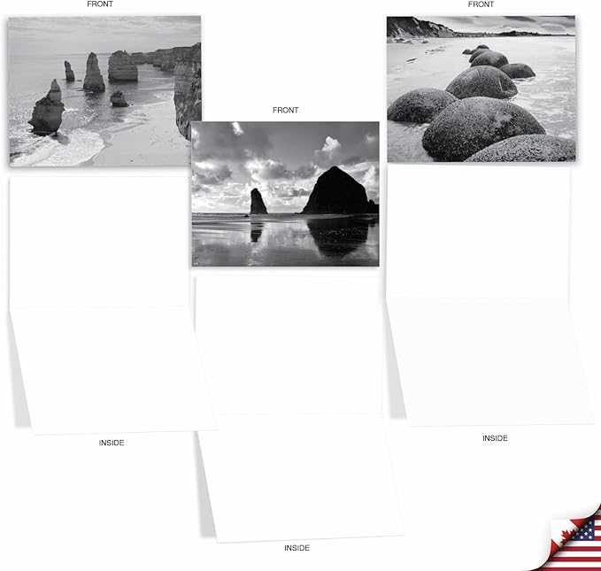 The Best Card Company - 10 Blank Note Cards with Envelopes (4 x 5.12 Inch) - Black & White Photos, Bulk Boxed Set - On the Rocks M3309-NB