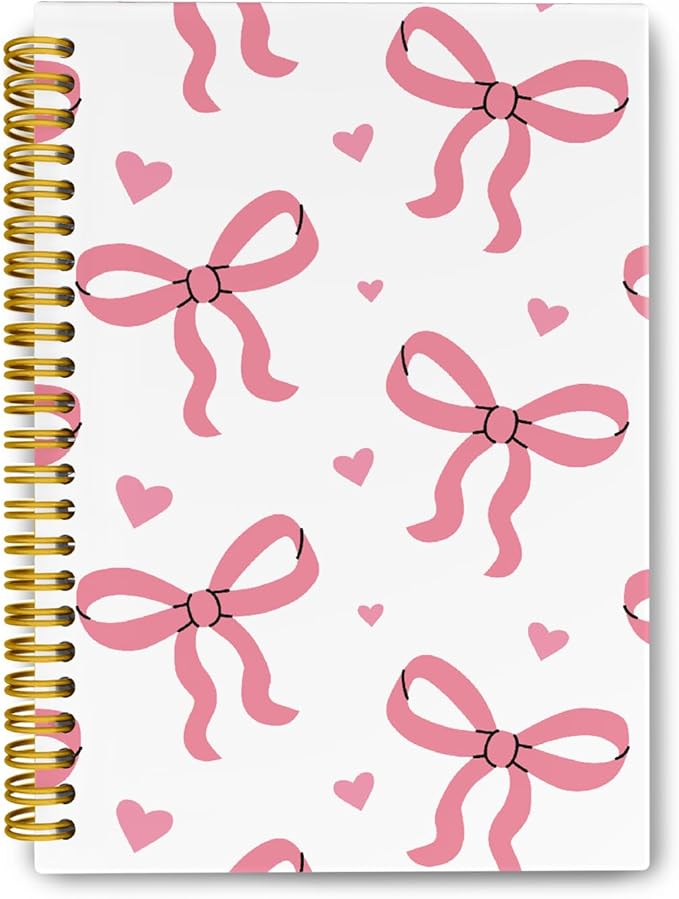 Trendy Coquette Pink Bow Heart Journaling Notebooks, Preppy Notebook Journal for Girls, Pink Office Supplies, Hardcover Spiral Notebooks College Ruled 5.5 x 8.3