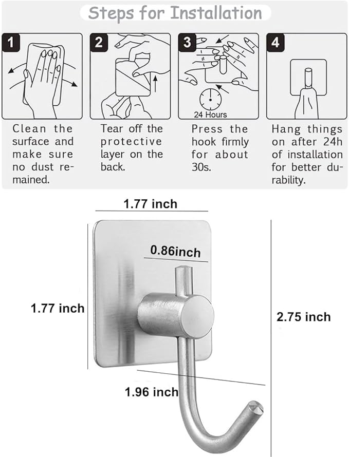 Self Adhesive Towel Hooks for Bathrooms, Sturdy Wall Hooks for Walls No Damage, Waterproof Rustproof Stainless Steel Sticky Hooks for Hanging Shower, Bathroom, Kitchen, Robe, Coat, Silver