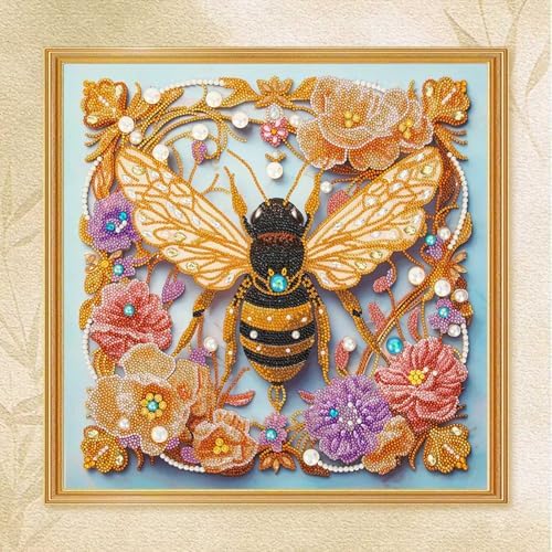 DIAMONDOUBLE Bee Diamond Painting Kit for Adults, Special Shape Diamonds & Partial Drill 5D Diamond Art Kit on Thicker Velvet Canvas, Hand-Drawn Bee and Flower DIY Craft Wall Decor 18x18in (45x45cm) by Diamondouble