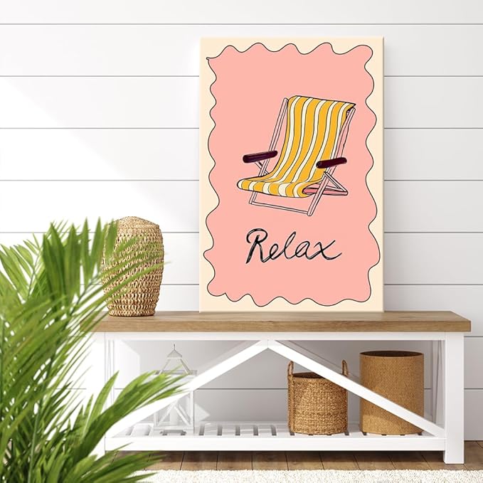 Framed Abstract Pink Yellow Ocean Coastal Beach Chair Wall Art Trendy Summer Relaxing Seaside Canvas Prints Painting Aesthetic Preppy Decor Picture for Living Room Bedroom Decoration 20x30inch