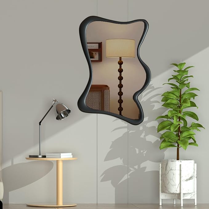 COOL2DAY Irregular Wall Mirror,32" x 24" Wood Frame Asymmetrical Mirror,Rustic Decorative Mirror for Living Room Bedroom Bedroom Entryway Bathroom Entryway, Modern Wavy Wall Mounted Mirrors Black