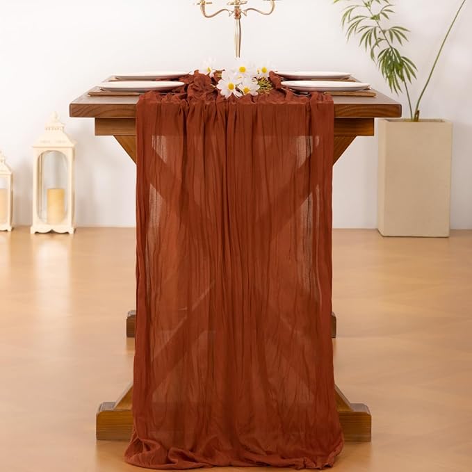 Socomi 3pcs Terracotta Valentine's Day Cheesecloth Table Runner Boho Rustic Gauze 120 inch 10FT Cheese Cloth Runner for Wedding Party Baby Shower Birthday Home Decor Holiday Decorations