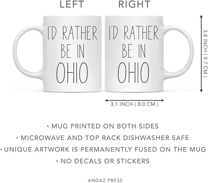 Andaz Press U.S. State 11oz. Coffee Mug Gift, I'd Rather Be in Ohio, 1-Pack, Long Distance College Going Away Study Abroad Birthday Christmas Gifts