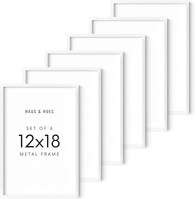 HAUS AND HUES 12x18 White Aluminum Frame Set of 6 - Vertical & Horizontal Hanging, Shatterproof Plexiglass (12x18 in, White)