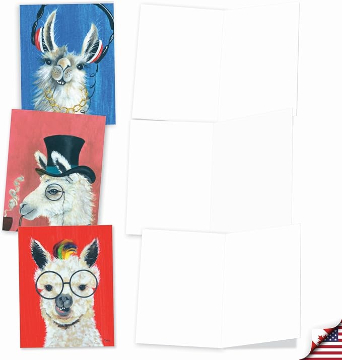 The Best Card Company Assorted Blank Greeting Card Box Set - Incl. 20 Cards + Envelopes - 10 Unique Designs - Perfect for Thank Yous, Invitations, More - Personality Llamas AM7036OCB-B2x10-NB