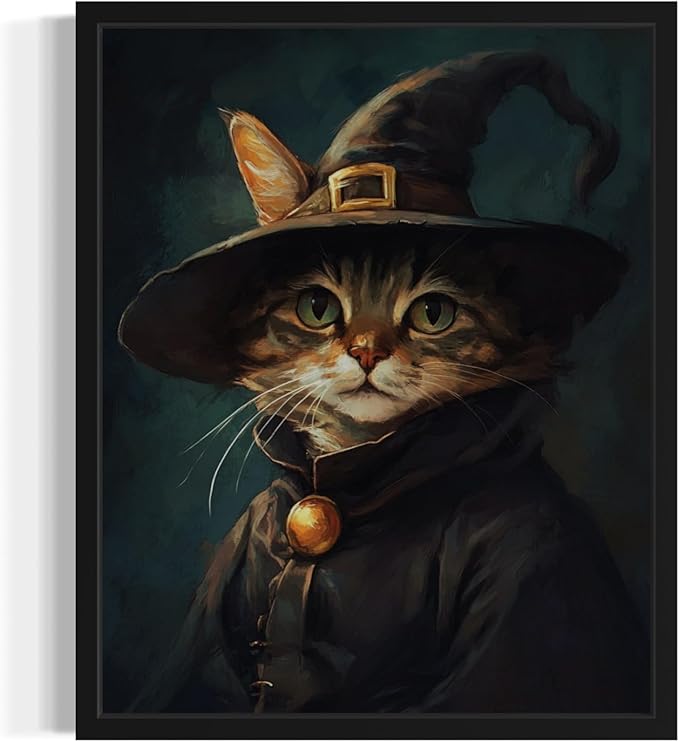 Witch Cat Art Poster Print, Cat Kitten Painting Humor Portrait Pet Artwork Decor Gallery A8 (Witch, 16 x 20 inches, Black Frame)