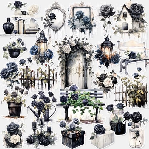 Dark Aesthetic Stickers 80 Pcs, Black Rose Stickers Goth Style Scrapbook Supplies, Water Bottle Vinyl Waterproof Sticker for Bullet Journal Laptop Skateboard Computer Guitar by PRSTINCOL