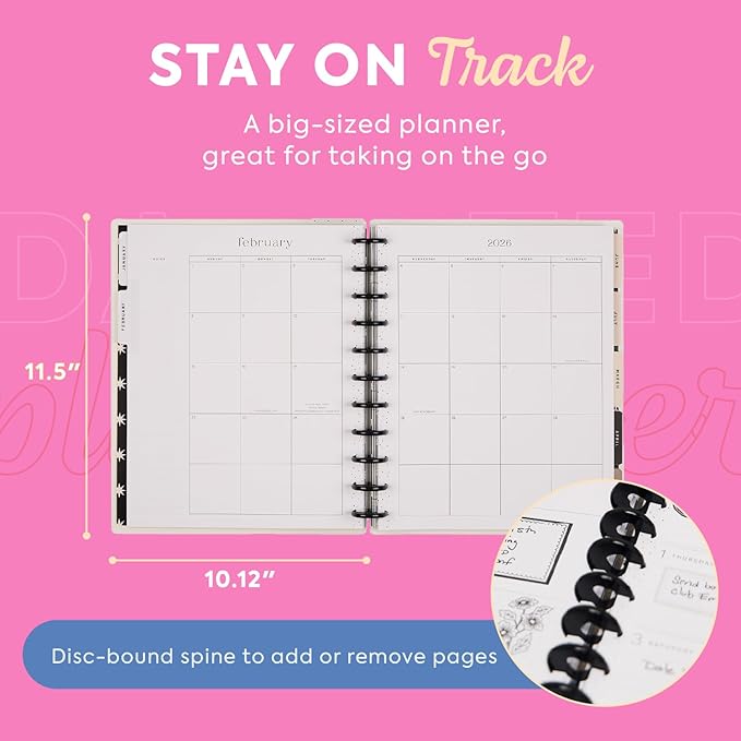 Happy Planner Disc-Bound Planner Jan.–Dec. 2026, Includes 3 Extra Months and 2 Sticker Sheets, Big Size, 8.5" x 11", Dashboard Layout, Ink & Ivy