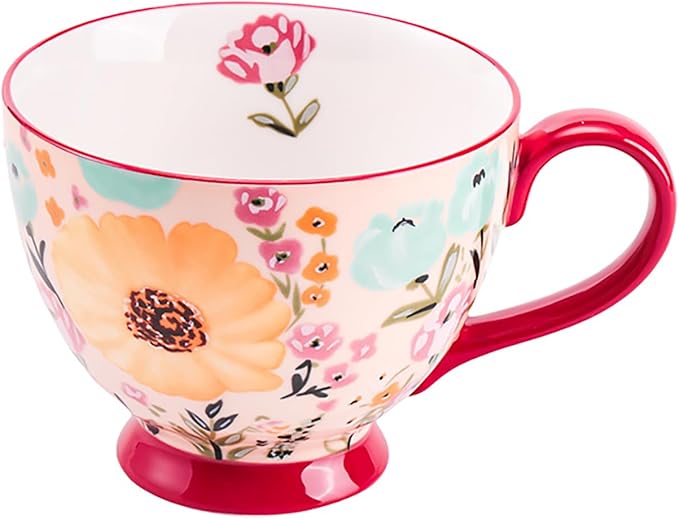 Autumn Handmade Large Ceramic Coffee Mug (20oz) Cute Cereal Vintage Flower Mugs Cozy Fall Gift Cup for Breakfast Oatmeal Tea & Hot Drinks with Floral Design