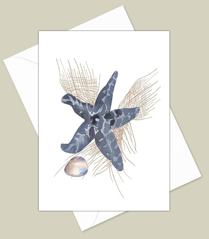 Sea Shell Greeting Cards - Set of 10 All Occasion 5 x 7 Note Cards with Envelopes. Blank Inside. Watercolor Designs of Seashells, Starfish and Coral