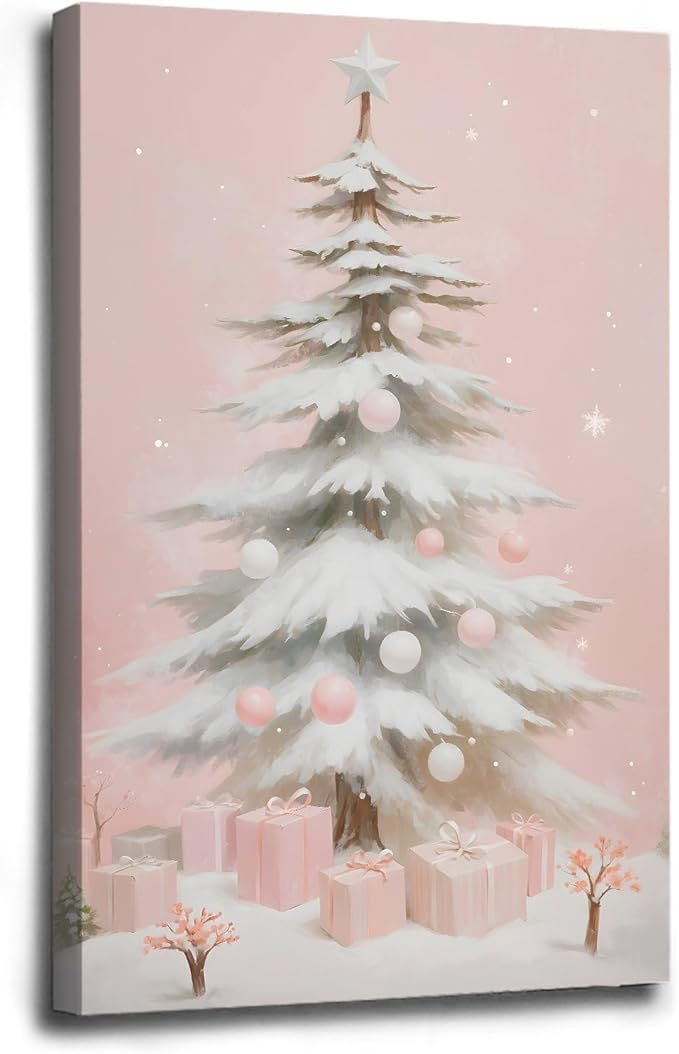 Framed Canvas Wall Art Pink Christmas Tree Wall Art Print Holiday Poster Trendy Christmas Decor 16x24in Wood Framed