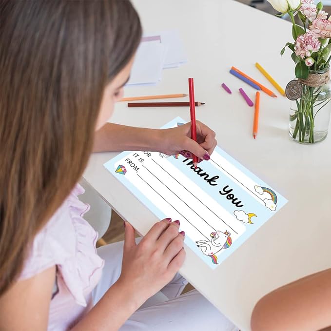 Andaz Press Kids Fill in the Blank Thank You Cards - 20 Cards Including Envelopes Rainbows Unicorn Fun Gender Neutral Note Cards For Boys Girls Birthday Thank You Notes for Friends Family Party Guests