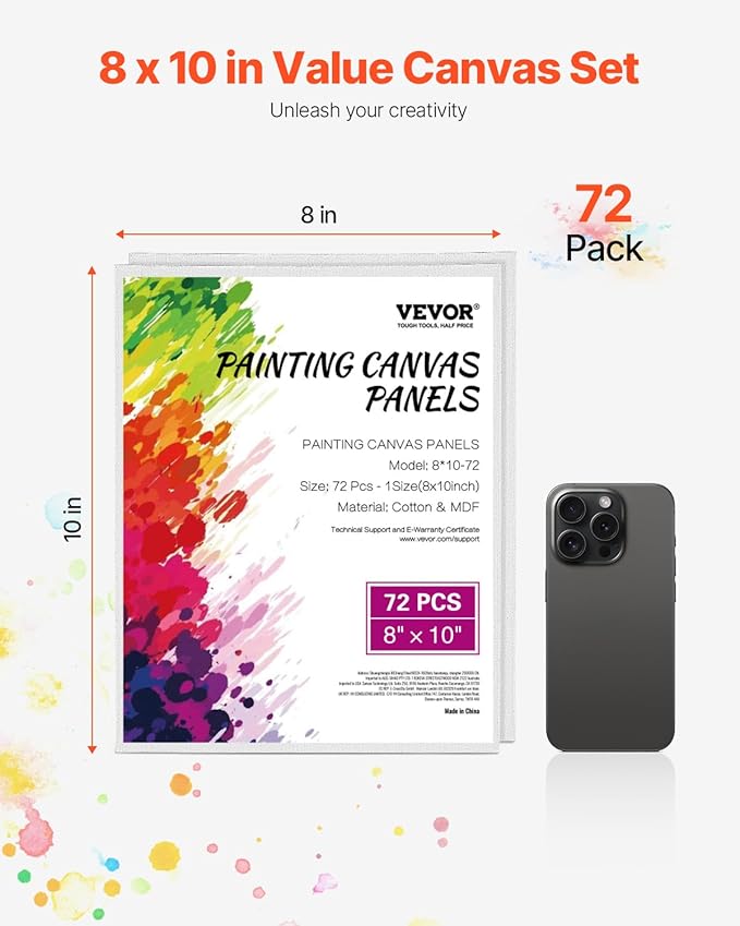 VEVOR Canvas Boards for Painting, 8 x 10 Inch White Canvases for Painting, 72 Pack Painting Canvas Panels for Sketching, Acrylic and Oil Painting, Watercolor, Paint Canvas for Kids and Professionals