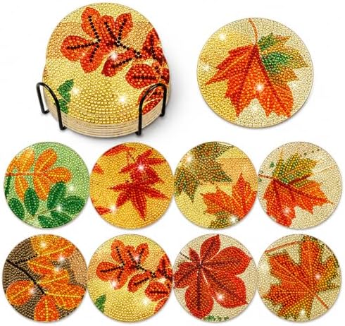 Demonwer 8 Pieces Vintage Fall Maple Leaves Diamond Art Coasters with Holder DIY Fall Maple Leaves Diamond Art Coasters Acrylic Round Cup Coaster for Adults by Demonwer