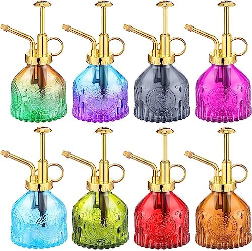 8 Pcs Glass Plant Mister Spray Bottle 200ml Vintage Plant Spritzer Multicolor Succulent Watering Bottle Watering Can 6.4'' with Plastic Top Pumps for Indoor Outdoor Succulents Garden Plants (Gold) by Zopeal