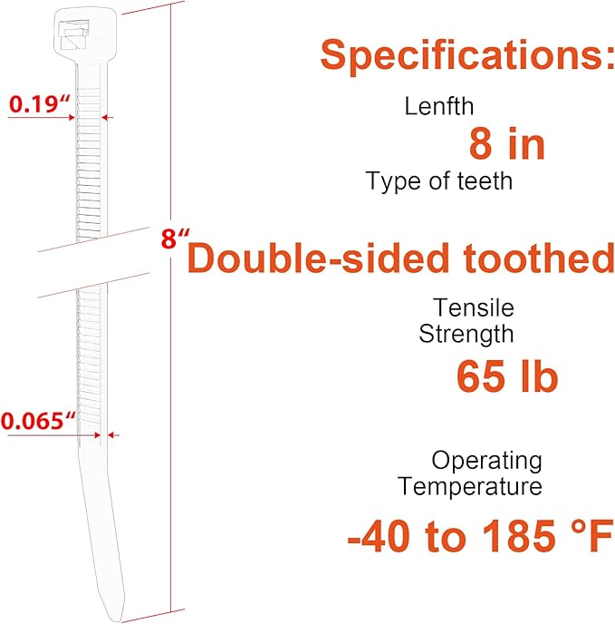 8 Inch Zip Ties Double Sided Toothed (Bulk 2X1000 Pack Black),65lbs Tensile Strength Heavy Duty Cable Wire Ties with Self-Locking Adjustable Nylon Tie Wraps for Indoor Outdoor (Patented Design)