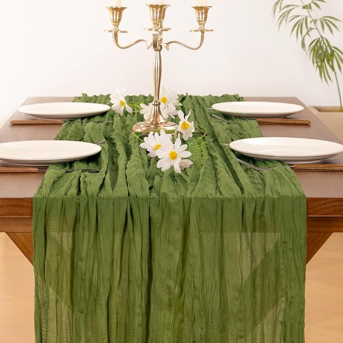Socomi Olive Green Valentine's Day Cheesecloth Table Runner Boho Rustic Gauze 120 inch 10FT Cheese Cloth Runner for Wedding Party Baby Shower Birthday Home Decor Holiday Decorations