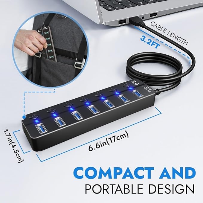 7-Port USB Hub 3.0 with 3.2ft Long Cable – Multi USB Port Hub Splitter with Individual On/Off Switches and Lights – High-Speed USB Multiport Adapter for Laptop, MacBook, Desktop, PC, Mac, PS5