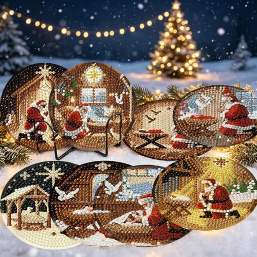 8 Pcs Santa Claus Praying Diamond Art Coasters Kit - DIY 5D Christmas Jesus Diamond Painting Coasters with Holder, Mini Small Diamonds Arts Kits for Adults Coaster, Gem Art Arts and Crafts for Adults - Image 3