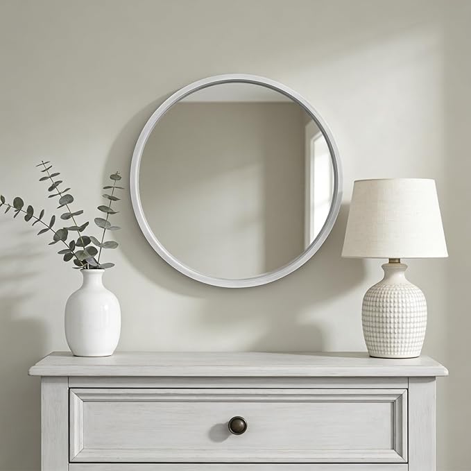 WallBeyond 24 Inch Round Wood Mirror, Circle Wooden Frame Wall Mirror for Bathroom, Living Room, Bedroom, Entryway (White)