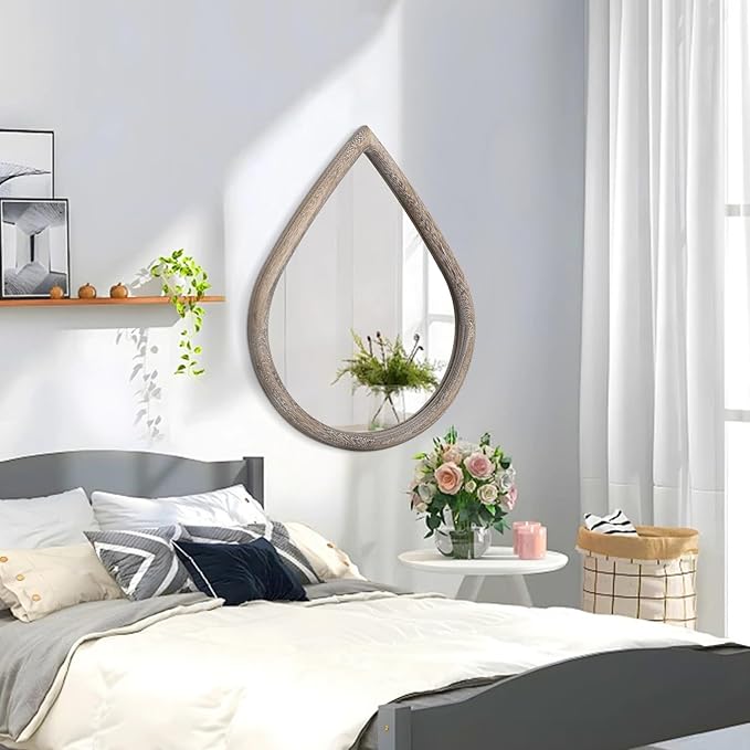 Rustic Farmhouse Wall Mounted Mirror Solid Wood Frame Teardrop Mirrors Wall Decorative Mirror for Bathroom Entryway Living Room Home Decor