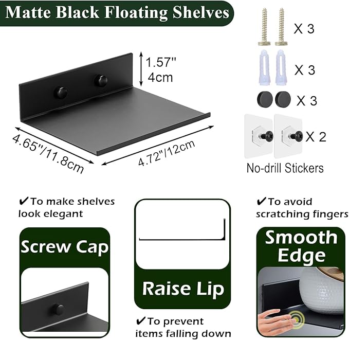 Z metnal Small Floating Shelves, Mini Metal Shelf for Collection Action Figures, Aluminum, Wall Mounted, Matt Black, 4.7 inch, 1 Pack