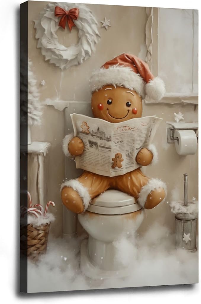 Christmas Bathroom Canvas Painting Gingerbread Man Holiday Print Santa Hat Cookie Character Wall Art Vintage Rural Art Winter print Indoor Decor for Bathroom Living Room Funny Framed Ready to Hang