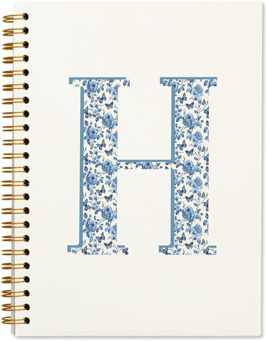 Blue Cute Initial Notebook Journal Diary Libretas Escolares H, Cute Preppy Aesthetic Personalized Notebook Gifts for Teen Girls Women Kids,Preppy Blue Aesthetic School Supplies for Girls 5.5x8.3