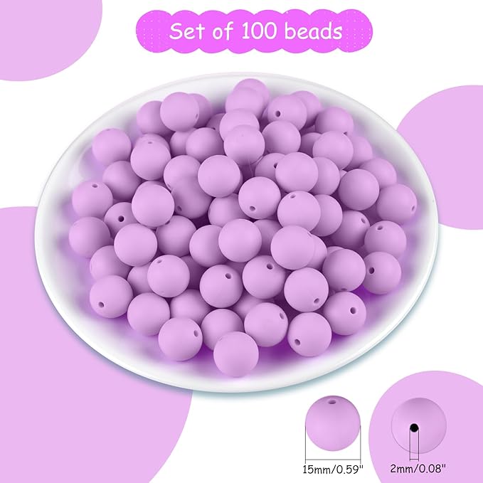ASTARON 100 Pcs 15mm Silicone Beads for Keychain Making, Taro Purple Silicone Beads Bulk Round Rubber Beads for Bracelets Beadable Pens Decorations Crafts Supplies
