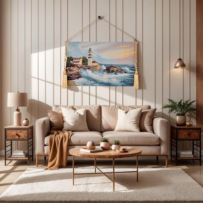 Vintage Nature Tapestry Wall Hanging Set with Telescopic Rod & Tassels - Jacquard Woven Fabric Aesthetic Country Landscape Wall Tapestry for Bedroom/Living Room Decor Green Art (42"x27") (Vibrant - coastal, lighthouse by crashing waves)