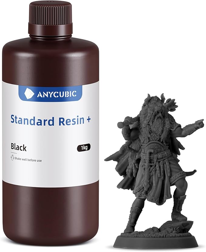 ANYCUBIC Standard 3D Printer Resin Plus, 405nm SLA Fast UV-Curing Resin, High Precision & Rapid Photopolymer for 8K/14K/16K Capable LCD/DLP/SLA 3D Printing (Black, 1000g)