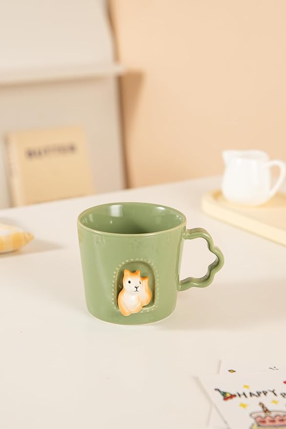 DIHOclub Squirrel Ceramic Cup Window Animals Mug Cute Cartoon Handmade Figurine Mugs,Holiday and Birthday Gift for Daughter,Son,Kids,9 OZ (Green)